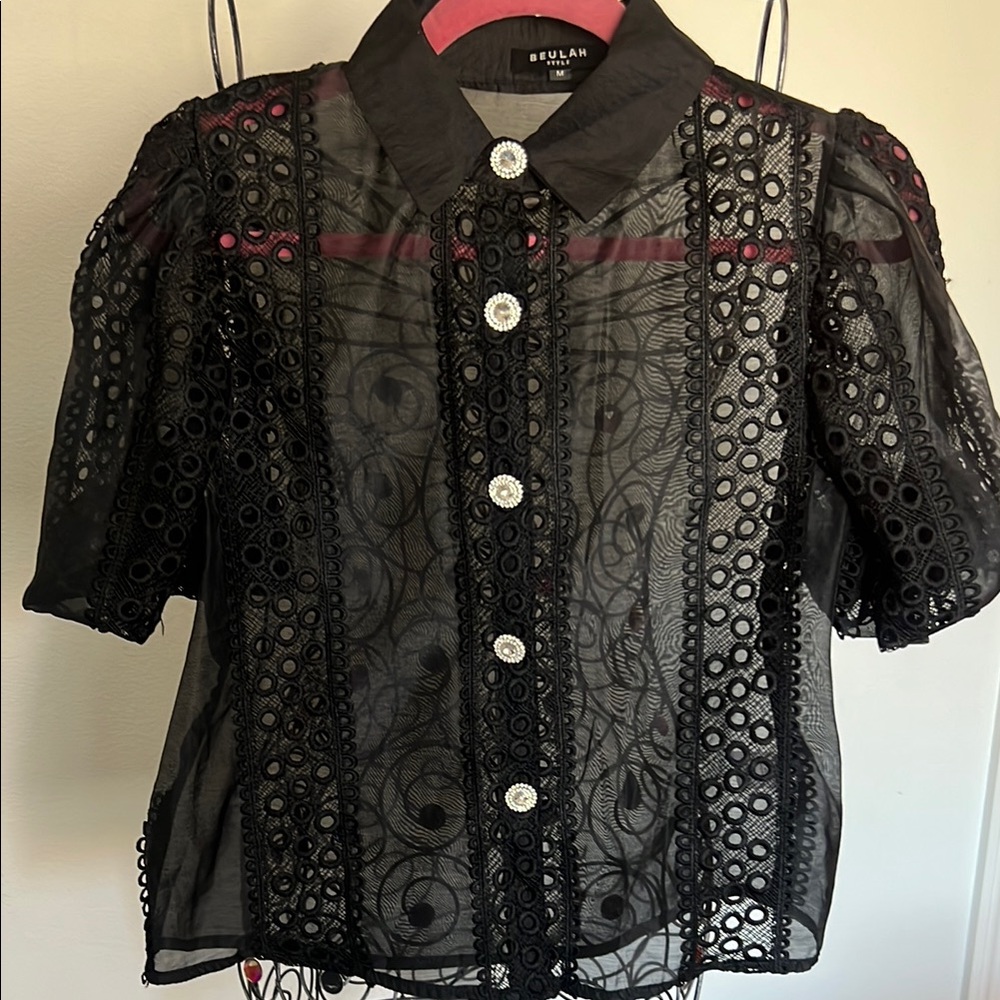 Beulah Black Sheer Lace Blouse with Jewel Buttons